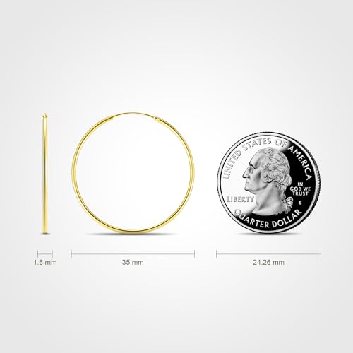 Gold Hoop Earrings for Women, 14K Gold Earrings for Women, Dainty Gold Vermeil Endless Thin Hoops, 14K Gold Plated 925 Sterling Silver, 35/45/55mm - size: 35mm