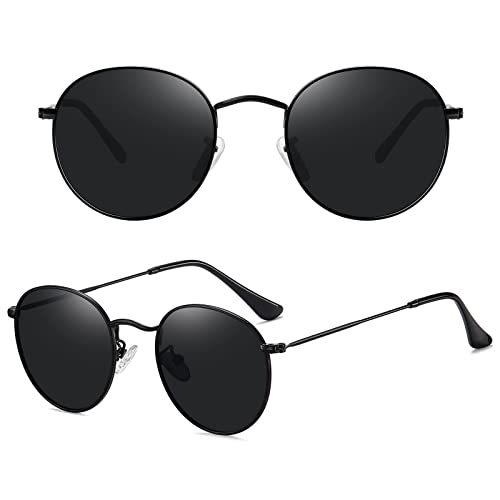 MEETSUN Round Polarized Sunglasses for Women Men Classic Retro Metal Frame Sun Glasses UV Protection - color: Black/Grey