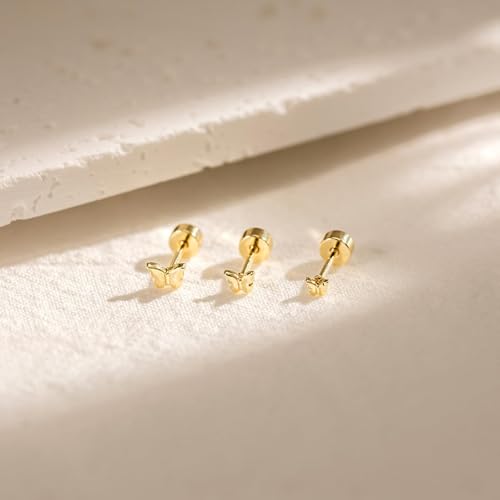 3 Pair Tiny Flat Back Earrings for Women - 14K Gold/White Gold Plated Dainty Cute Small Screw Flatback Stud Earring, Everyday Wear Gift - color: Butterfly Flat-4/5/6mm Gold