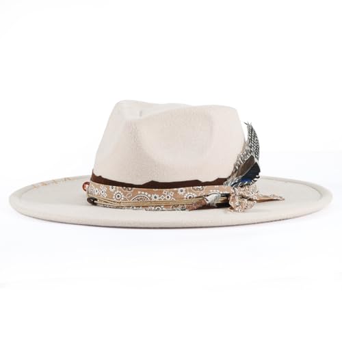 Womens Boho Fedora Hat Wide Brim Fedora Mens Handmade Flat Brim Hats - color: Beige