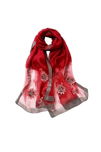 Jeelow Silk Blend Floral Fashion Scarf Shawl Wrap Lightweight Sheer For Women Floral Embroidery Wedding Party Prom - color: Red Beaded