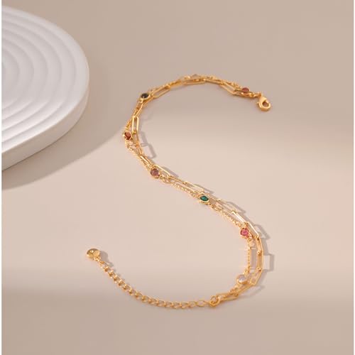 Yumikoo 18k Gold Plated Anklet Ankle Bracelets for Women - style: Colorful Rhinestones and Chunky Chain