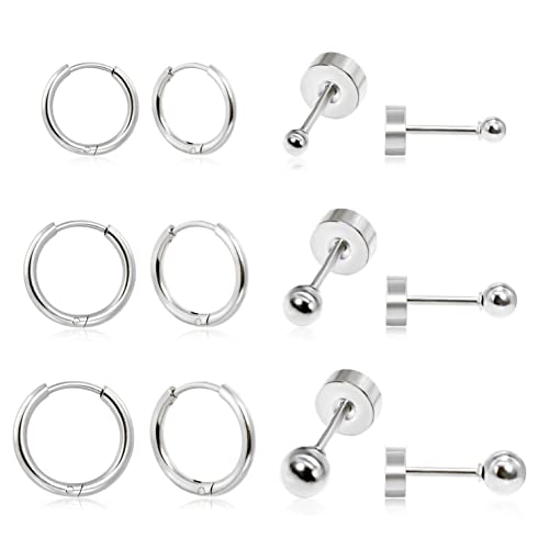 Dainty 6 Pairs Surgical Steel Earrings Sets for Multiple Piercing, Lightweight 14K Gold Plated Small Huggie Hoop Earrings, Flat Back Tiny Ball CZ Stud Earrings for Cartilage, Helix, Lobe, Hypoallergenic - style: Silver- Huggie Hoops and Ball Studs