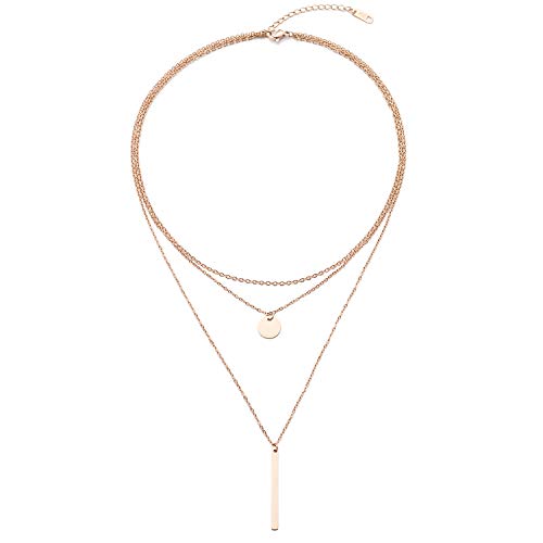 Disc Bar Pendant Layering Necklace Stainless Steel Layered Chain Choker - color: 14K Rosegold Plated