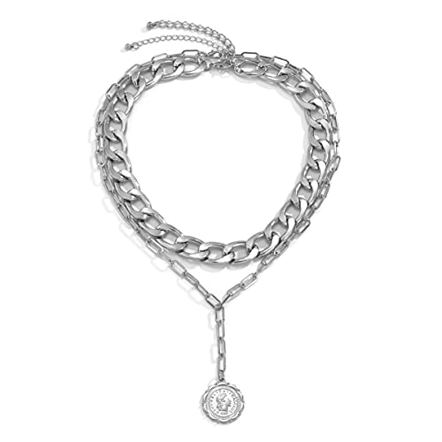JWICOS Dainty Layered Silver Women's Cuban Chain Necklace Bohemian Coin Pendant Link Chunky Necklace for Women (Silver) - color: Silver