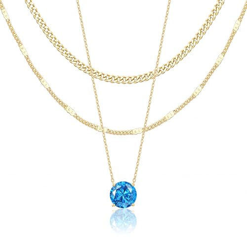 WomenGifts Layered Gold Necklaces for Women, 14K Gold Sterling Silver Plated Dainty Pendant Necklace Set Non Tarnish, Chunky Stackable Cuban Chain Choker, Trendy Birthstone Vacation Jewelry Gift - color: Gold, style: Cubic Zirconia-Created Aquamarine-Mar