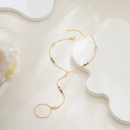 Hand Chain Bracelets for Women - 14K Real Gold Plated Dainty Stackable Paperclip Link Bracelets Hand Chain Bracelet Ring Gold Bracelets for Women Trendy - color: Colorful CZ Hand Chain