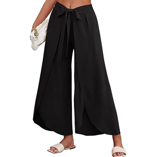 Wide Leg Tie Belted Linen Capri Pants for Women Casual High Waist Irregular Split Hem Palazzo Cropped Trousers - color: Black, size: X-Large
