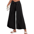 Wide Leg Tie Belted Linen Capri Pants for Women Casual High Waist Irregular Split Hem Palazzo Cropped Trousers - color: Black, size: XX-Large