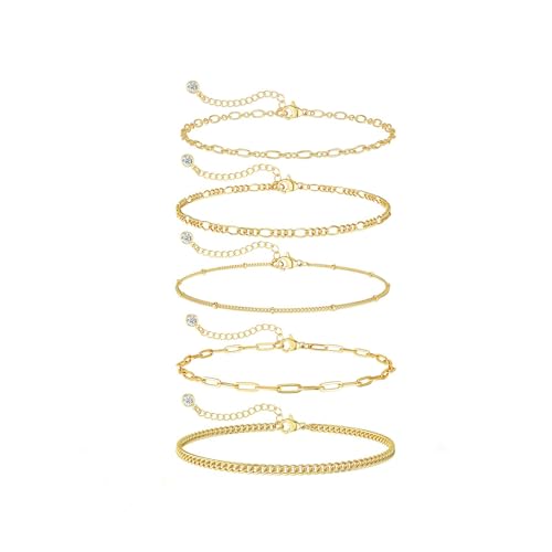 Dearmay Gold Bracelets for Women Waterproof, 14K Gold Plated Minimalist Bracelets Stack Non Tarnish Trendy Dainty Herringbone Vintage Cuban Paperclip Rope Thin Box Link Chain Stackable Jewelry Sets Modern Fashion Accessories Gifts for Womens - style: 5Pcs