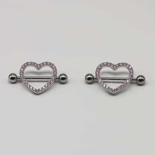 BSJ4U Nipple Ring and Belly Button Ring Set 14G Stainless Steel Sparkly Pink CZ Heart Bar Barbell Nipple Belly Piercing Body Jewelry - style: Lovely