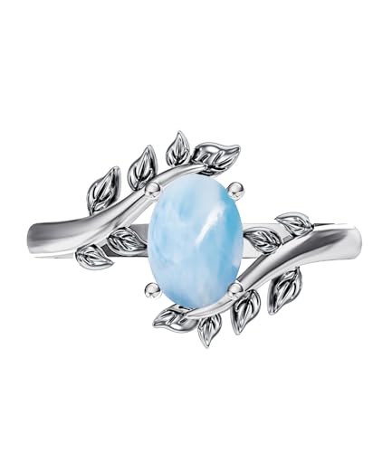 Genuine Turquoise Ring for Women Western Oval Gemstone Jewelry 925 Sterling Silver Leaf Bohemian Boho for Her Wife Mom - color: Larimar