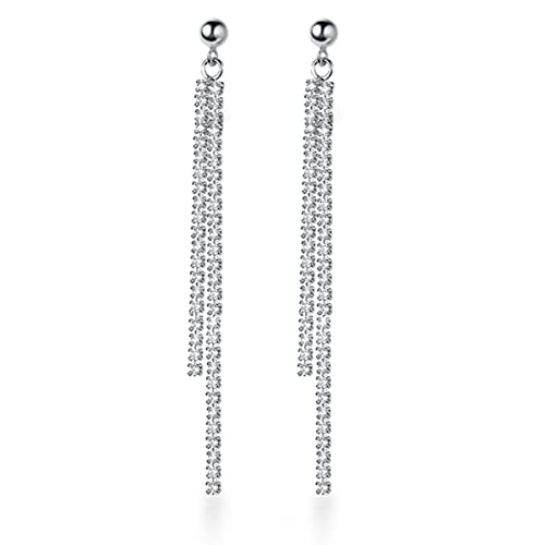 SLUYNZ 925 Sterling Silver Simulated Diamond Drop Earrings Linear Dangle Earrings for Women Teens Eelgant Wedding Bridal Prom Earrings Dainty CZ Long Dangling Earrings Tassel 4.5 cm/7.5 cm - color: B-Silver-6.3cm