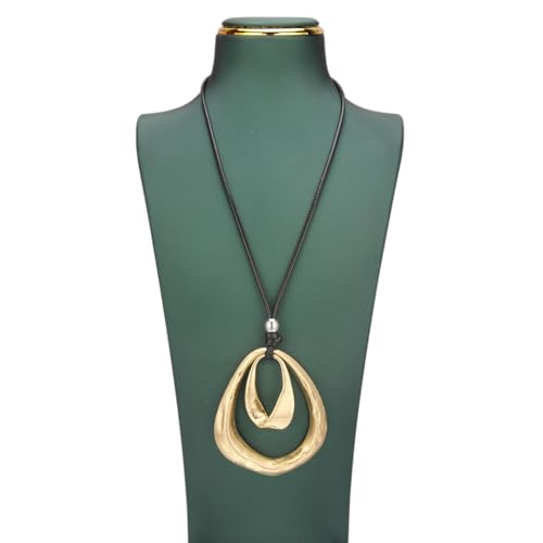 Kelake Leather Necklace for Women Men Teen Vinatge Boho Alloy Pendant Choker Jewelry Fashion Sweater Necklaces with Adjustable Genuine Leather Chain - color: Gold Pear-shaped Double Circles Pendant