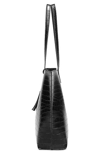 Dreubea Women's Soft Faux Leather Tote Shoulder Bag from, Big Capacity Tassel Handbag - color: Black-cro