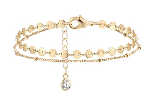 Dremmy Studios Gold Bracelet for Women 18K Gold Plated Dainty Paperclip Cubic Zirconia Disc Coin Star Cable Satellite Bead Pearl Simple Boho Minimalist Stacking Layered Link Jewelry Gift - color: Layer A