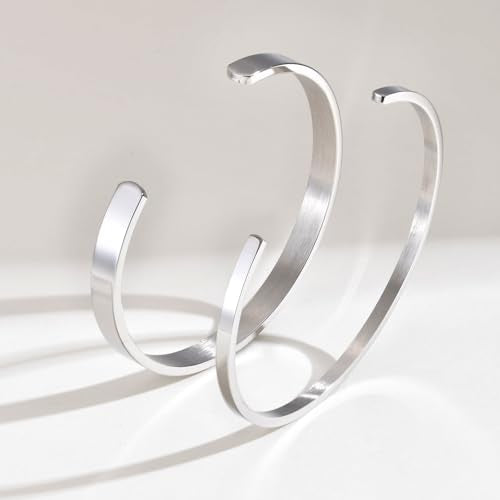 MEALGUET Stainless Steel Mens Cuff Bracelet : Minimal Cool Silver/Black/Gold Plated Open Metal Cuff Bangle Bracelets for Men,Mens Bracelet Jewelry Gift - color: Silver-2-Pack, size: Medium( fit 5.5"-7.2" wrist)