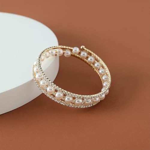Silver Pearl Bracelet for Women Sparkly Stretch Rhinestone and Pearls Bangle Cuff Adjustable Faux Diamond CZ Bracelets Bling Wedding Costume Jewelry - color: Gold