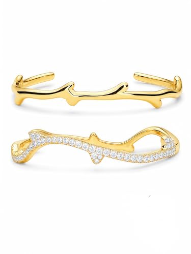 Gold Cuff Bracelets for Women, 14K Gold Plated Open Cuff Bangle Bracelet with CZ Pave, Minimalist Stackable Chunky Gold Bracelet for Women - color: Gold CZ Clasp 2-Piece
