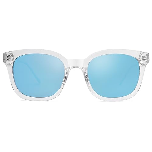 SOJOS Classic Square Polarized Sunglasses Womens Mens Retro Trendy UV400 Sunnies SJ2050 - color: Clear/Blue Mirrored