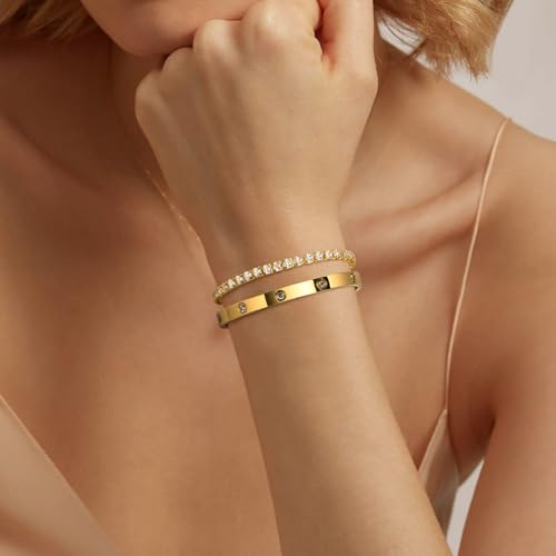 2PCS Gold Bracelets for Women, 18K Gold Plated Love Friendship Bangle Bracelet Set, Adjustment CZ Tennis Bracelet Stack Non Tarnish, Dainty Waterproof Jewelry Gifts for Valentines Day, Easter