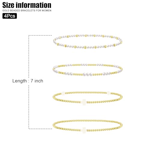 VIBILIA Gold Beaded Bracelets Set for Women 14K Gold Plated Dainty Pearl Cross Bracelet Stack Stretch Bracelet Set Fashion Accessories Gifts - color: 4P-XY-396-White