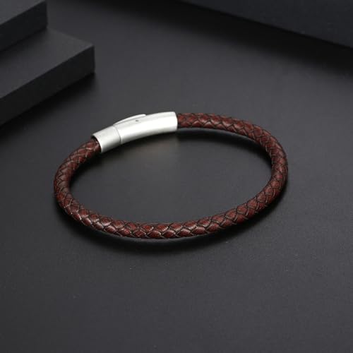 Men's Leather Bracelet, Stackable Stainless Steel Clasp Bracelets for Men Stylish Birthday, Thanksgiving, Valentine's Day Gift for My Man - style: 8.2" Round-tube Reflective Brown Leather