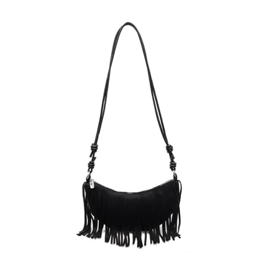 Women's Vegan Suede Fringe Crossbody Bag, Boho Crescent Shoulder Crossbody Purse, Retro Tassel Hippie Small Handbag Tote - color: Black