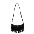 Women's Vegan Suede Fringe Crossbody Bag, Boho Crescent Shoulder Crossbody Purse, Retro Tassel Hippie Small Handbag Tote - color: Black