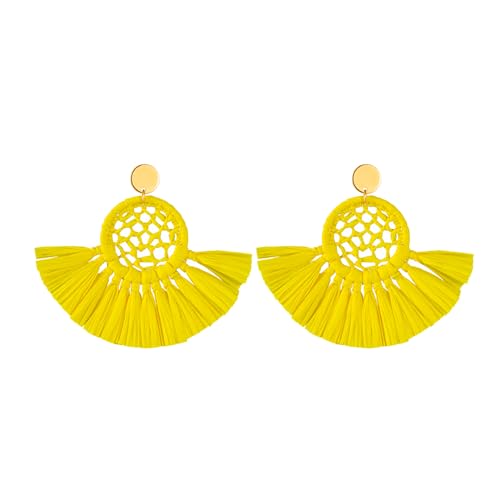 Boho Raffia Summer Beach Earrings for Women, Large Statement Dangle Drop, Lightweight Handmade Woven Fan Tassel Jewelry - color: Yellow