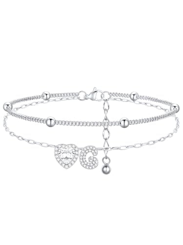 FindChic Silver/14K Gold Plated Layered CZ Initial Ankle Bracelet for Women | Waterproof Stainless Steel, Cubic Zirconia Letter Charm, Non-Tarnish, Hypoallergenic, Adjustable Extender, Summer Jewelry - color: Silver-CZ Heart, size: G