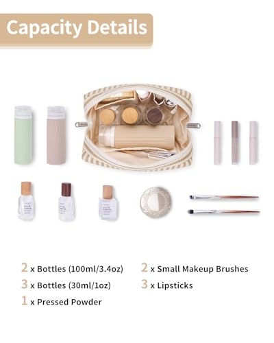 Narwey Small Striped Makeup Bag for Purse Mini Cosmetic Bag Travel Makeup Pouch Zipper Pouch Cute Make up Bags with Compartments for Women Girls (Brown Stripe, Small) - color: A-Brown Stripe, style: Small
