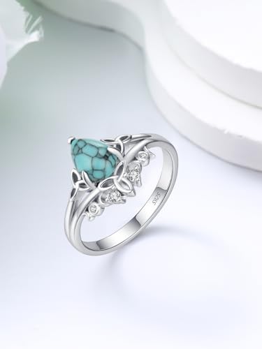 Genuine Turquoise Ring 925 Sterling Silver Celtic Knot/Feather Ring Western Boho Jewelry Native American Gifts for Women7# 8# 9#