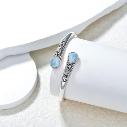 925 Sterling Silver Genuine Gemstone Bracelet for Women Men Handmade Adjustable Boho Navajo Style Bangle Cuff Natural Stone Jewelry Gift - color: Larimar