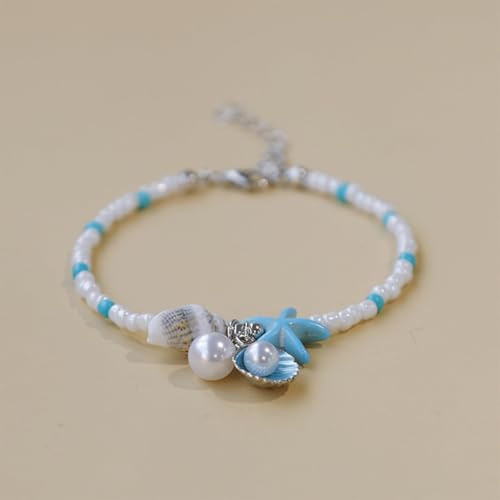 Ankle Bracelet for Women Beach Puka Shell Anklet Waterproof Starfish Seashell Pearl Anklets Stretch Beaded Ankle Bracelets Boho Beach Anklet Jewelry for Summer Beach Party - color: Blue