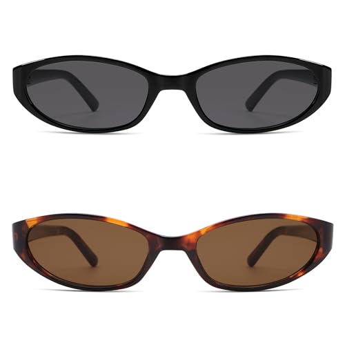 Retro Oval Sunglasses for Women Men Y2k Narrow Cat Eye Sunnies Skinny Shades AR82299 - color: 07. Black/Grey+tortoise/Brown