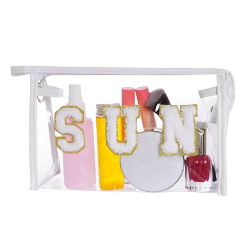 Clear Preppy Patch Makeup Bag, Sun Chenille Letter Bag for Beach, Pouch With Zipper, Travel Cosmetic Toiletry Bag for Women Girls Teens (White) - color: White