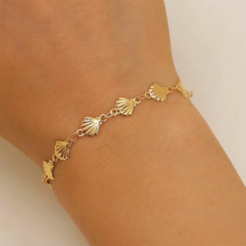 Statement Gold Small Beaded Seashell Chain Bracelet for Women, Dainty Simple Ocean Beach Sea Shell Bracelets Non Tarnish Boho Hawaii Vacation Jewelry