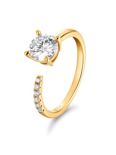 FWM Round Cut Moissanite Simple Open Rings for Women, Adjustable Ring, Solid Sterling Silver With Gold Plated, Stackable Wedding Band, Anniversary Valentines Mothers Day Christmas Gift - color: Round Cut - Yellow Gold, size: 9