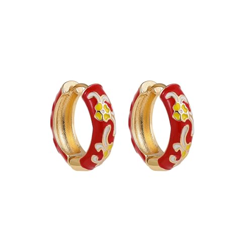 Vintage Enamel Flower Small Hoop Earrings Retro Elegant Flowers Earrings Colorful Flower Hoop Earring - color: Red