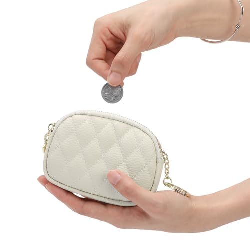 SENDEFN Women's Coin Purse Genuine Leather Wallet Small 2 Zippers Change Pouch Purse with Keychain Ring - color: 2-Beige