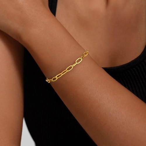 S925 Sterling Silver Paperclip Chain Bracelets for Women - 18K Gold Plated Sterling Silver Paperclip Chain Bracelet Handmade Jewelry Gold Bracelets for Women 6.5/7/7.5/8 Inch - color: Gold, size: 6.5“