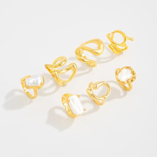 Chunky Gold Pearl Rings for Women Vintage Baroque Pearl Rings Set Open Stacking Pearls Ring Set Irregular Geometric Pearls Ring Boho Prom Costumes Fashion Jewelry Accessories - style: 7PCS