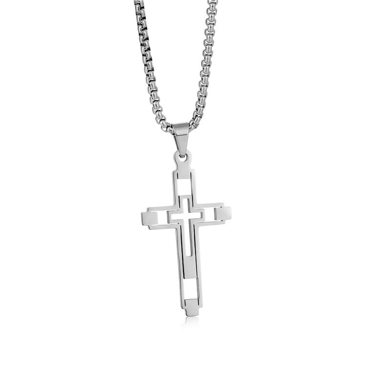 Bohemian style hollow fashion double cross stainless steel pendant necklace, suitable for men and women for daily casual fashion party gatherings religious amulets jewelry accessories gifts - color: Color: Silver