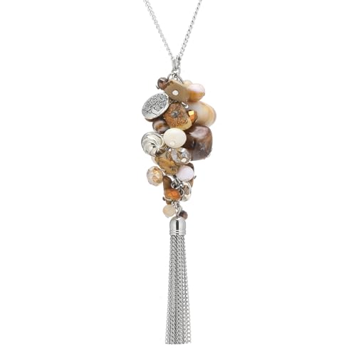 Noessla Boho Long Pendant Necklaces for Women Silver Tassel Long Necklace Sweater Chain Mothers Day Gifts Silver Costume Jewelry for Women - color: Brown