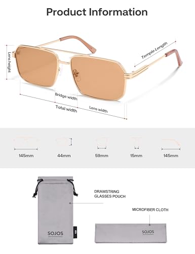 SOJOS Retro Polarized Square Sunglasses for Women Men Vintage Large Double Bridge UV Protection Metal Sun Glasses SJ1246 - color: Gold/Orange