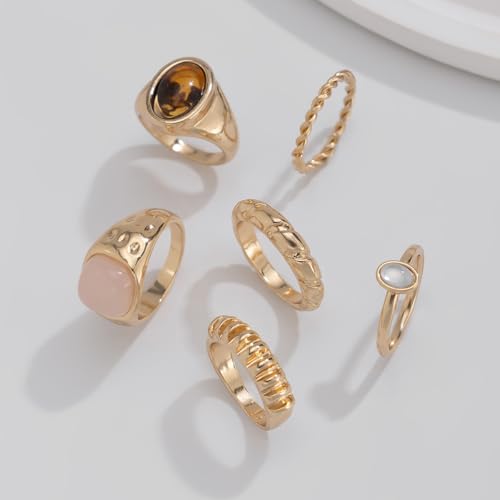 Chunky Gold Rings for Women Non Tarnish Silver Chunky Rings Set Adjustable Thick Statement Ring Gold Stackable Ring for Women Trendy Fashion Silver Jewelry - style: Style8-Gemstone Gold 6Pcs