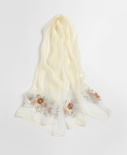 Jeelow Silk Blend Floral Fashion Scarf Shawl Wrap Lightweight Sheer For Women Floral Embroidery Wedding Party Prom - color: Petal Ivory Cream