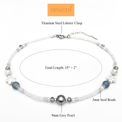 Beaded Necklaces for Women Summer Beach Beaded Necklace Bead Choker Boho Necklaces for Women Handmade Summer Jewelry Stainless Steel 18K Gold Plated - color: White & Blue-gray