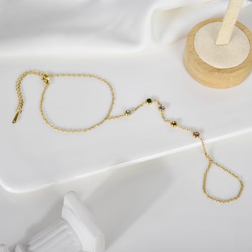 Hand Chain Bracelet Stainless Steel Finger Ring Bracelet Adjustable Gold Plated Hand Chain CZ Stackable Boho Minimalist Jewelry for Women - color: Gold Hand Chain Bracelet AN135G